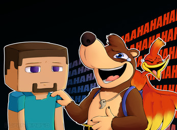 anthro beard blue_eyes bodily_fluids brown_body brown_fur clothed clothing eyes_closed facial_hair fur group hand_on_shoulder humor jewelry laugh necklace open_mouth open_smile outline purple_eyes simple_background smile tears trio superbinario banjo-kazooie microsoft minecraft mojang rareware xbox_game_studios banjo_(banjo-kazooie) kazooie steve_(minecraft) avian bear breegull humanoid mammal 2019 crossover digital_media_(artwork) hi_res lol_comments source_request watermark