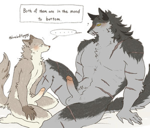 anthro balls black_nose blush blush_lines bodily_fluids brown_body brown_fur brown_nose duo erection facial_scar fluffy fluffy_tail fur genitals grey_body grey_fur humanoid_genitalia humanoid_penis kemono male male/male no_pupils nude nude_anthro nude_male penis pointy_ears scar scars_all_over sweat sweatdrop tail tan_body tan_fur text white_body white_fur lovebuffpg45 canid canine canis mammal wolf 2026 absurd_res english_text hi_res