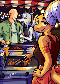 anthro arm_hug arm_tattoo bald black_bottomwear black_clothing black_crop_top black_pants black_shirt black_tank_top black_topwear bone bone_frill bottomwear breasts canon_couple chef_hat clothed clothed_anthro clothed_female clothed_human clothed_male clothing crop_top detailed_background eyebrows feathered_wings feathers female fingers food frill_(anatomy) green_clothing green_jacket green_shirt green_topwear grey_body grey_feathers grey_hair grill group hair half-closed_eyes hat head_turned headgear headwear hot_dog human_on_anthro humanoid_hands interspecies jacket jewelry ketchup long_hair looking_at_another looking_at_viewer looking_back male male/female markings medium_breasts mustard narrowed_eyes necklace night non-mammal_breasts open_clothing open_jacket open_topwear orange_bottomwear orange_clothing orange_eyes orange_skirt outside pants raised_eyebrow rear_view romantic romantic_couple seductive shirt skirt skull smile striped_markings stripes tail tank_top tattoo topwear trio wings yellow_body bass1l1ssc0 cavemanon_studios cooking_with_tracy goodbye_volcano_high ko_op_(game_developer) snoot_game anon_(snoot_game) fang_(gvh) tracy_(cwt) dinosaur human mammal prehistoric_species pterosaur reptile scalie colored hi_res shaded signature