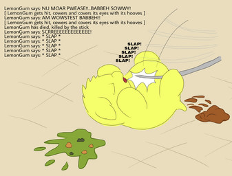 abuse ambiguous_feral ambiguous_gender baby_talk belly_slap bodily_fluids death dialogue eyes_closed feces feral fur lying monotone_body monotone_fur neonate offscreen_character on_back open_mouth pain pooping slap slap_(sound_effect) solo tail text violence vomit yellow_body yellow_fur young young_ambiguous young_feral carpdime fluffy_pony lemongum_(carpdime) fluffy_pony_(species) mammal english_text