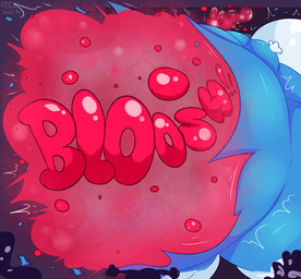 belly beverage big_belly bloated blue_body burping bursting creaking dialogue glug huge_belly hyper hyper_belly hyper_inflation inflation motion_lines onomatopoeia popping purple_background red_text simple_background soda sound_effects speech_bubble text white_text addde herry_(addde) 2022 absurd_res artist_name dated hi_res signature