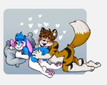 all_fours anthro black_body black_ears black_fur black_nose black_stripes blue_body blue_fur blue_hair blue_tail blush blush_lines brown_body brown_ears brown_eyes brown_fur brown_hair brown_tail buckteeth butt duo ears_down fur hair hand_on_butt heart_symbol hug hugging_another hugging_butt long_ears male multicolored_body multicolored_fur one_eye_closed pawpads pillow pillow_grab pink_ears pink_eyes pink_pawpads pink_tail pivoted_ears scut_tail short_tail side_view striped_body striped_fur stripes tail teeth tongue two_tone_body two_tone_fur two_tone_tail white_body white_fur white_tail young young_anthro young_male greenfr00g blummy_(character) kiddy_(todeskiddy) canid canine fox lagomorph leporid mammal rabbit 2022 digital_media_(artwork)