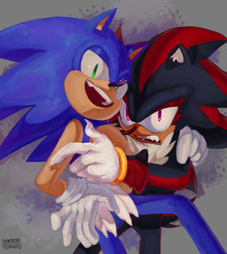 anthro blue_body blue_fur claws clothing duo fangs_bared fur gloves green_eyes grin grinning_at_viewer handwear inhibitor_ring male male/male multicolored_body multicolored_fur red_eyes simple_background smile smiling_at_viewer tan_body tan_fur teeth white_body white_clothing white_fur white_gloves white_handwear white_sclera tisuramiso sega sonic_the_hedgehog_(series) shadow_the_hedgehog sonic_the_hedgehog eulipotyphlan hedgehog mammal hi_res