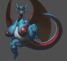 animal_genitalia areola big_breasts black_eyes blue_body breasts cloaca eyelashes female genitals grey_background huge_breasts looking_at_viewer nipples red_areola red_nipples red_wings sharp_teeth simple_background solo spread_legs spreading tail teeth white_sclera wings deu nintendo pokemon generation_3_pokemon pokemon_(species) salamence 2025 absurd_res hi_res
