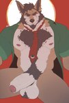 abs anthro balls barazoku beard big_balls big_penis black_sclera body_hair bottomless bottomless_anthro bottomless_male chest_fur clothed clothing erection eye_scar eyebrow_scar eyebrows facial_hair facial_scar foreskin genitals green_clothing green_shirt green_topwear hairy_balls happy_trail humanoid_genitalia humanoid_penis looking_at_viewer male muscular muscular_anthro muscular_male necktie nipples one_eye_closed pecs penis pubes red_necktie scar shirt sitting solo spread_legs spreading thick_eyebrows thick_thighs topwear vein veiny_penis mr_nellory vlad_(nellory) canid canine fox mammal digital_drawing_(artwork) digital_media_(artwork) hi_res