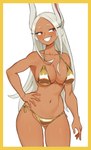 animal_ears big_breasts blush blush_lines border breasts dark_body dark_skin eyelashes female front_view fur gold_swimwear grey_body grey_fur grey_hair hair hand_on_hip long_hair navel red_eyes simple_background smile solo thick_thighs white_background wide_hips yellow_border flowerpigeon73 my_hero_academia rumi_usagiyama animal_humanoid humanoid lagomorph lagomorph_humanoid leporid_humanoid mammal mammal_humanoid rabbit_humanoid hi_res