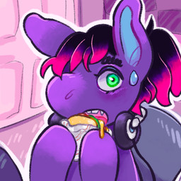 ambiguous_gender bodily_fluids burger electronics feral food fur green_eyes hair headphones headphones_around_neck pink_hair purple_body purple_fur solo sweat sweatdrop plushiepawjob hasbro my_little_pony fan_character equid equine horse mammal pony 1:1 2026 colored trans_(lore) trans_man_(lore)