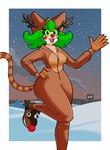 5_fingers anthro border breasts clothed clothing clown_makeup clown_nose eyelashes fangs female fingers green_hair green_sclera hair hand_on_hip holidays lips looking_at_viewer markings on_one_leg open_mouth reindeer_antlers reindeer_costume smile snow snowing snowscape solo standing striped_markings striped_tail stripes tail tail_markings teeth white_border wide_hips zipper roboticsteve christmas ring_cats taffy_(robotic_stevie) domestic_cat felid feline felis mammal 2023 absurd_res digital_drawing_(artwork) digital_media_(artwork) hi_res