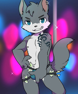 anthro biped fur grey_body grey_fur male shota solo stripper young young_anthro young_male oouyuki_benten canid canine canis mammal wolf 2017 5:6