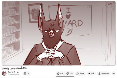 clothed clothing fangs for_a_head humanoid_hands male parody portrait_(object) solo style_emulation teeth text voice_actor_joke youtuber shrimppastasauc dispatch youtube cr1tikal sonar_(dispatch) animal_head animal_humanoid bat humanoid mammal 2025 english_text monochrome