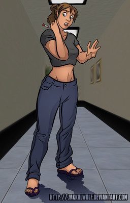 3d_background 5_fingers 5_toes before_transformation blue_bottomwear blue_clothing blue_pants bottomwear brown_hair clothing dart feet female fingers footwear green_clothing green_shirt green_t-shirt green_topwear hair hand_on_neck human_only inside laboratory not_furry pants ponytail sandals shirt shoes solo t-shirt text toes topwear transformation jakkal human mammal 2015 3d_(artwork) 9:14 digital_media_(artwork) hi_res mixed_media signature url