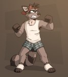 angry anthro backwards_baseball_cap backwards_hat baseball_cap boxers_(clothing) brown_background brown_body brown_fur brown_hair brown_nose claws clothing detailed_background facial_hair fighting_pose fist footwear fur goatee grey_boxers grey_clothing grey_eyes grey_underwear hair hat headgear headwear male open_mouth plaid_boxers pose red_baseball_cap shadow shirt simple_background socks solo tank_top teeth_showing toeless_footwear toeless_socks topwear underwear white_clothing white_footwear white_shirt white_socks white_tank_top white_topwear tinydeerguy sam_(tinydeerguy) mammal procyonid raccoon hi_res signature