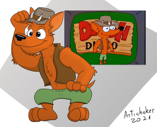 anthro biped black_nose bottomwear brown_body brown_fur clothed clothing fur hat headgear headwear male open_clothing open_topwear open_vest pants simple_background smile solo standing topwear vest year artichoker the_simpsons dash_dingo canid canine canis dingo mammal 2021 full-length_portrait hi_res portrait signature