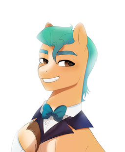 black_tie_(suit) blaze_(marking) bloom bow_(feature) bow_in_front bow_tie brown_eyes clothing facial_markings feral head_markings hooves male markings simple_background smile solo suit turquoise_hair white_background aztrial hasbro mlp_g5 my_little_pony hitch_trailblazer_(mlp) earth_pony equid equine horse mammal pony absurd_res hi_res portrait