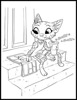 3_toes anthro barefoot bendy_straw beverage big_pupils bottomwear clothing collar drinking drinking_straw facial_markings feet female fur head_markings holding_beverage holding_object jersey long_tail looking_at_object markings onomatopoeia pawpads pupils reading shirt shorts simple_background sitting solo sound_effects spots spotted_body spotted_fur striped_markings stripes tail text toes topwear young ruffu pepper_in_the_sandbox pepper_(ruffu) felid feline mammal serval digital_drawing_(artwork) digital_media_(artwork) low_res monochrome sketch