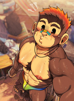5_fingers 5_toes abs anthro areola band-aid band-aid_on_face band-aid_on_nose bandage bandage_on_face bandage_on_nose bar_emanata biped black_jewelry black_necklace blue_clothing blue_speedo blue_swimwear blurred_background blush blush_lines bodily_fluids brown_body brown_eyebrows brown_fur bulge chest_tuft clothed clothed_anthro clothed_male clothing emanata eyebrows feet fingers fur glistening glistening_eyes green_clothing green_speedo green_swimwear high-angle_view jewelry kissy_face lips looking_at_viewer male male_anthro multicolored_body multicolored_clothing multicolored_speedo multicolored_swimwear muscular muscular_anthro muscular_male nails navel necklace nipple_dip nipples orange_clothing orange_speedo orange_swimwear pecs prehensile_feet red_areola red_clothing red_nipples red_speedo red_swimwear selfie solo speedo speedo_only standing sweat sweaty_arms sweaty_body sweaty_chest sweaty_face swimwear tan_body toes topless topless_anthro topless_male tuft yellow_clothing yellow_speedo yellow_swimwear desfrog monkin_(desfrog) haplorhine mammal monkey primate 2026 digital_media_(artwork) hi_res