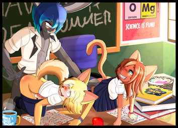 adult_on_young age_difference anal anal_penetration animal_genitalia animal_penis anthro balls biped bisexual black_border black_nose blonde_hair blue_hair blush book border bottomwear bottomwear_down brown_body brown_hair buckteeth butt_slap canine_genitalia canine_penis clothed clothing collared_shirt container cup dress_shirt erection eyewear female furniture genitals glasses grey_body grin group group_sex hair hand_on_butt knot larger_male long_hair looking_at_another looking_at_partner looking_back looking_back_at_another looking_back_at_partner male male/female male/male male_penetrated male_penetrating male_penetrating_male mug navel no_underwear older_male on_table open_mouth pants pants_down partially_clothed penetration penile penile_penetration penis penis_in_ass prey_penetrating_predator raised_bottomwear raised_clothing raised_skirt school school_uniform sex shirt short_hair size_difference skirt slap smaller_female smaller_male smile spanking student table teacher teacher_and_student teacher_on_student teeth text threesome tongue topwear trio uniform unprofessional_behavior wearing_glasses young young_anthro young_female young_male younger_female younger_male cesar23 kumari mylo_rabbit philippe_(oooinfin) canid canine domestic_cat felid feline felis fox lagomorph leporid mammal rabbit 2025 absurd_res english_text hi_res
