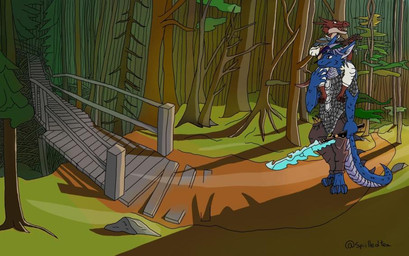 3_toes anthro armor barefoot blue_body blue_scales bridge brown_body brown_scales claws clothing duo feet female forest lute male melee_weapon musical_instrument plant plucked_string_instrument scales string_instrument sword tail toes tree weapon spiilledtea dungeons_and_dragons hasbro mythology nintendo the_legend_of_zelda wizards_of_the_coast suzi dragon humanoid kobold mythological_creature mythological_scalie scalie 2020