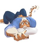 anthro blue_eyes bulge clothed clothing erection erection_under_clothing eyewear glasses male simple_background solo white_background jazcabungcal nekojishi studio_klondike lin_hu felid mammal pantherine tiger hi_res