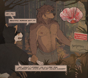 ambiguous_anthro ambiguous_gender anthro blood bodily_fluids body_hair bulge clothed clothed_ambiguous clothed_anthro clothing comic_panel dialogue driveway forest fully_clothed fully_clothed_ambiguous fully_clothed_anthro mailbox male male_anthro newspaper plant salesman snout soliciting speech_bubble suit text thought_bubble topless topless_anthro topless_male torn_clothing tree astrayd0g mythology hasil_(astrayd0g) canid canine canis domestic_dog mammal mythological_canine mythological_creature shiba_inu spitz werecanid werecanine werecreature werewolf comic english_text hi_res