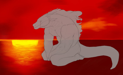 anthro bodily_fluids cheek_spikes claws crying ear_piercing ear_ring ears_back eyes_closed facial_spikes horn kneeling male male_anthro mane mouth_closed muscular muscular_anthro muscular_male nude pecs piercing pivoted_ears ring_piercing snout solo spikes spikes_(anatomy) sunset tail tears toe_claws aduran scalie absurd_res alternate_version_at_source hi_res partially_colored