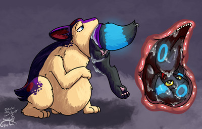 abdominal_bulge blue_eyes bodily_fluids countershading drooling esophagus feral feral_pred feral_prey internal male male_pred male_prey markings mottled mottled_body oral_vore organs paws purple_body quadruped red_markings saliva same_size_vore stomach tan_body vore gyrotech silent_e nintendo pokemon blitz_(gyro) ebony_the_umbreon fan_character eeveelution generation_2_pokemon pokemon_(species) quilava shiny_pokemon umbreon