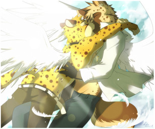 anthro butt clothed clothing cross detailed_background duo erection feathered_wings feathers flying genitals kissing male male/male midair penis romantic romantic_couple tail topless wings kubikitsune jake_(stripes) salem_(stripes) angel cheetah felid feline hyena mammal spotted_hyena 2010 6:5 hi_res