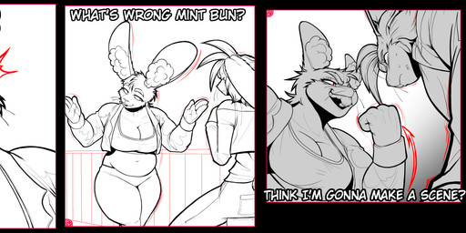 4_fingers abdominal_bulge angry anthro argument band-aid band-aid_on_cheek band-aid_on_face band-aid_on_nose bandage bandage_on_face bandage_on_nose big_breasts bodily_fluids bottomwear breasts buckteeth clothed clothing dialogue duo female fingers forced_smile fully_clothed inner_ear_fluff jacket long_ears mischievous_smile missing_ear motion_lines muscular muscular_female navel nervous nervous_sweat pants red_background red_eyes sarcasm sarcastic shirt short_tail simple_background slightly_chubby slightly_chubby_female slim_female sweat t-shirt tail teeth tension text topwear tuft softbunnyhouse cleonoris_saris fatima_coco humanoid lagomorph leporid mammal rabbit black_and_white comic digital_drawing_(artwork) digital_media_(artwork) french_text monochrome multiple_scenes