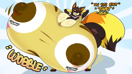 anthro big_breasts big_butt bouncing_breasts breasts bulging_breasts butt female fluffy fluffy_tail genderfluid_pride_colors hands_behind_head huge_breasts huge_butt hyper hyper_breasts inflation jiggling kerchief lgbt_pride nipple_outline nipples pride_colors purple_eyes sloshing_breasts smug_face solo swaying tail thiccbuns trix_(character) canid canine canis mammal wolf 16:9 4k absurd_res digital_media_(artwork) hi_res widescreen genderfluid_(lore)