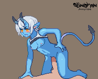 blue_body blush bodily_fluids breasts cowgirl_position cum cum_drip cum_in_vagina cum_inside dripping duo ejaculation exposed_breasts female female_on_human female_penetrated from_front_position genital_fluids genitals hair horn human_on_humanoid human_penetrating human_penetrating_humanoid humanoid_genitalia humanoid_penetrated humanoid_penis interspecies kneeling male male/female male_penetrating male_penetrating_female on_bottom on_top penetration penile penile_penetration penis penis_in_vagina ridiculous_fit sex simple_background solo_focus tail vaginal vaginal_penetration vulva white_hair sonofan human humanoid mammal animated digital_media_(artwork) pixel_(artwork) pixel_animation watermark