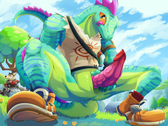 5_fingers animal_genitalia anus big_penis biped claws clothed clothing cloud countershade_legs countershade_neck countershade_tail countershading duo ear_piercing ear_ring erection fingers footwear fur genital_slit genitals grass green_body gun holding_gun holding_object holding_ranged_weapon holding_weapon male pawpads penis piercing plant ranged_weapon ring_piercing shoes slit_juice solo_focus striped_body stripes tail tail_anus thick_tail tongue tongue_out tree weapon mythil_flower epic_games fortnite lizzik_(fortnite) wendell_(fortnite) canid canine canis lizard mammal reptile scalie wolf 4:3 absurd_res hi_res