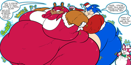 anthro belly big_belly big_butt big_moobs blue_body blue_fur blue_quills bow_tie brown_mouth brown_snout butt christmas_clothing christmas_headwear clothing dialogue dreadlocks fur green_bow_tie group hat headgear headwear holidays huge_belly huge_butt huge_hips hyper hyper_belly male male/male moobs morbidly_obese morbidly_obese_anthro morbidly_obese_male obese obese_anthro obese_male overweight overweight_anthro overweight_male partially_clothed_anthro partially_clothed_male quills_(anatomy) red_body red_fur red_nose red_quills reindeer_antlers reindeer_costume santa_clothes santa_clothing santa_hat speech_bubble tan_belly tan_chest tan_eyelids tan_inner_ear text thick_thighs trio weight_gain weight_gain_sequence white_belly white_inner_ear white_mouth wide_hips wobbling wobbling_belly floofyboyetime christmas sega sonic_the_hedgehog_(series) sonic_unleashed chip_(sonic) knuckles_the_echidna sonic_the_hedgehog echidna eulipotyphlan hedgehog mammal monotreme unknown_species comic digital_media_(artwork) english_text hi_res