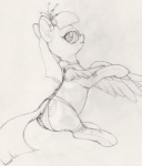 clothing feathered_wings feathers female feral legwear lingerie looking_at_viewer panties simple_background smile solo stockings tail underwear white_background wings ecmajor friendship_is_magic hasbro my_little_pony mythology blossomforth_(mlp) equid equine mammal mythological_creature mythological_equine pegasus 2012 monochrome traditional_media_(artwork)