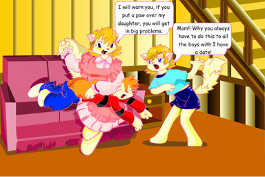 anthro bottomwear bottomwear_down butt butt_slap clothed clothing dialogue dominant dominant_female dress female furniture group inside male male/female on_lap over_knee pants pants_down partially_clothed protective_parent sitting skirt slap sofa spanked_butt spanking spanking_focus stairs submissive submissive_male sweater text topwear trio smallmew canid canine domestic_cat felid feline felis fox mammal 2007 3:2 animated colored digital_drawing_(artwork) digital_media_(artwork) english_text hi_res no_sound short_playtime video daughter_(lore) mother_(lore) parent_(lore)