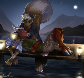anthro antlers barefoot bottomwear brown_body brown_fur clothed clothing detailed_background dipstick_tail duo feet female fluffy fluffy_tail fully_clothed fur head_on_lap hooves horn lake light lights male markings moon mountain multicolored_tail night on_lap outside shirt shorts sky smile spots spotted_body spotted_fur star starry_sky t-shirt tail tail_markings topwear water white_body white_fur relaxablefur deer mammal 2020 absurd_res hi_res lighting signature