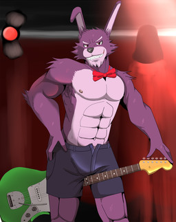abs alternate_species anthro anthrofied biceps bow_(feature) bow_tie clothed clothing curtains electric_guitar furrification guitar male muscular muscular_anthro muscular_male musical_instrument nipples pecs plucked_string_instrument solo stage_lights string_instrument topless 55mango five_nights_at_freddy's scottgames bonnie_(fnaf) lagomorph leporid mammal rabbit hi_res