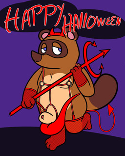 anthro brown_body brown_fur bulge chibi clothing costume fur genitals halloween_costume holidays male penis slightly_chubby solo text underwear grolarbearsins animal_crossing halloween nintendo tom_nook_(animal_crossing) canid canine mammal raccoon_dog tanuki 2020 hi_res