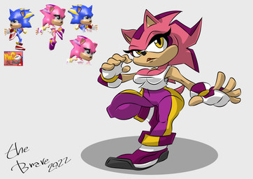 anthro bottomwear breasts cleavage clothed clothing female fingerless_gloves footwear fur gloves handwear pants pink_body pink_fur pose red_hair_tips shirt shoes simple_background tank_top topwear white_background yellow_eyes thebrave bootleg hello_sinic_ultimate_fight:_super_hero sega sonic_the_hedgehog_(series) eulipotyphlan hedgehog mammal 2022 absurd_res hi_res