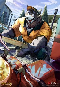 anthro box car clothing commercial_vehicle container delivery_(commerce) delivery_employee delivery_vehicle food_delivery fur male pizza_box pizza_delivery smile smiling_at_viewer solo tail uniform vehicle tokuni adastra adastra_(series) astatos echo_project studio_klondike amicus_(adastra) canid canine canis mammal wolf absurd_res hi_res