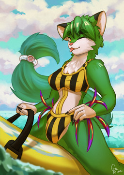 anthro banana bikini breasts clothing female food fruit hair looking_at_viewer medium_breasts nipple_outline plant sea simple_background sky solo swimwear two-piece_swimsuit water cafeine haplorhine mammal monkey primate absurd_res hi_res