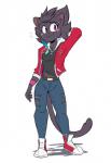 anthro black_body black_fur black_hair blush breasts clothed clothing female fully_clothed fur hair melanistic red_eyes simple_background smile solo standing white_background beezii lovers_of_aether rivals_of_aether clairen_(rivals_of_aether) felid mammal pantherine 2019 hi_res