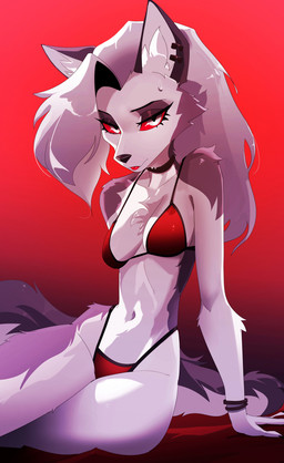 anthro bedroom_eyes bikini blep bracelet choker clothing ear_piercing female jewelry narrowed_eyes navel necklace piercing seductive sitting solo swimwear tongue tongue_out two-piece_swimsuit jesterwing hellaverse helluva_boss mythology loona_(helluva_boss) canid canid_demon canine canis demon hellhound mammal mythological_canine mythological_creature wolf absurd_res hi_res
