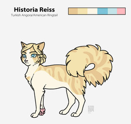blonde_hair blue_eyes curled_tail feral feral_with_hair feralized fluffy fluffy_tail fur hair pawpads pink_pawpads simple_background solo stripes tail tan_body tan_fur white_background white_body white_fur yellow_body yellow_fur silveyytm attack_on_titan historia_reiss american_ringtail domestic_cat felid feline felis mammal turkish_angora 2019