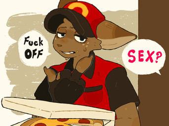 anthro box brown_body brown_fur clothed clothing container delivery_(commerce) delivery_employee dialogue fingerless_gloves food food_delivery freckles fully_clothed fur gesture gloves hand_gesture handwear hat headgear headwear male middle_finger offscreen_character pizza pizza_box pizza_delivery solo speech_bubble mawarisaka3 delivery_boy_(mawarisaka3) kangaroo macropod mammal marsupial
