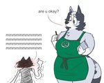 anthro apron apron_only belly big_breasts big_butt black_hair blush breasts butt clothed clothing container cup dialogue duo eyebrows female fur green_apron green_clothing grey_body grey_fur hair holding_container holding_cup holding_object holding_pen male male/female mostly_nude nervous open_mouth pen shaking shivering simple_background size_difference skinny skinny_male slightly_chubby slightly_chubby_female text thick_thighs tunk white_background white_body white_fur wide_hips worried_look tunk_saray_lovesta bluey_(series) i_mean_breast_milk trixie_heeler australian_cattle_dog canid canine canis cattledog domestic_dog felid feline herding_dog leopard mammal pantherine pastoral_dog digital_drawing_(artwork) digital_media_(artwork) english_text meme