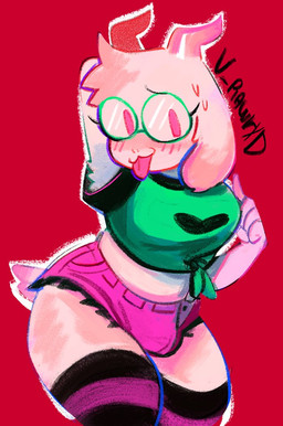 anthro blush bodily_fluids bottomwear breasts bulge chest_tuft clothed clothed_anthro clothed_gynomorph clothed_intersex clothing crop_top crossgender daisy_dukes denim denim_bottomwear denim_clothing denim_shorts eyelashes eyewear fur glasses green_clothing green_shirt green_topwear gynomorph head_tuft heart_symbol horn hotpants intersex legwear midriff minishorts mtg_crossgender mti_crossgender pink_bottomwear pink_clothing pink_horn pink_shorts rawr red_background shirt shorts simple_background solo sweat thick_thighs thigh_highs tied_shirt tongue tongue_out topwear tuft white_body white_fur v_rawr deltarune undertale_(series) ralsei bovid caprine darkner mammal portrait signature three-quarter_portrait male_(lore)