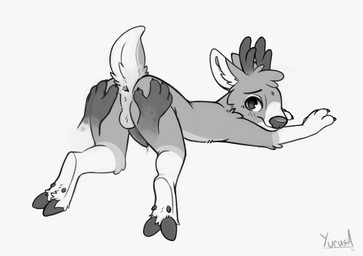 all_fours anthro antlers anus balls bodily_fluids butt countershading disembodied_hand dripping duo fur genital_fluids genitals ghost_hand grey_body grey_fur hooves horn looking_at_viewer looking_back looking_back_at_viewer male penis precum precum_drip presenting presenting_anus presenting_hindquarters raised_tail solo_focus spread_butt spreading tail tapering_penis yurusa wunder deer mammal 2021 dated digital_media_(artwork) greyscale monochrome nonbinary_(lore)