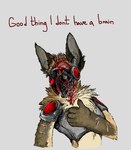 anthro blood bodily_fluids brown_body dialogue fur gore hair machine male open_mouth red_eyes screen screen_face simple_background smile solo teeth text jeffusherb johmn hyena mammal protogen spotted_hyena digital_media_(artwork) english_text pixel_(artwork)