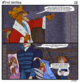 anthro bandage bandaged_arm beak black_facial_markings black_markings blood blood_from_wound blood_on_bandage blue_sash bodily_fluids brooch cape clasped_hands closed_door clothing crossed_arms door ears_flat ears_up facial_markings female feral gem giving_orders gold_crown group hat_feather head_markings headgear headwear inside kokoshnik loose_feather male markings narrowed_eyes ordering ring robe royalty sash standing stone_wall text wall_(structure) white_bandages wood wood_door wounded yellow_eyes sir_paulus disney robin_hood_(disney) lady_kluck lisabeth_(lord_paulus) maid_marian pavel_(sir_paulus) prince_john sir_hiss avian bird canid canine canis chicken felid feline fox galliform human lion mammal pantherine phasianid reptile scalie snake comic english_text hi_res