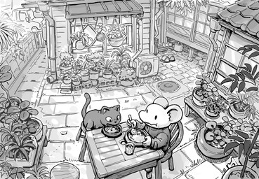 4_fingers anthro biped chair clothed clothing detailed_background dot_eyes duo feral fingers furniture humanoid_hands open_mouth outside plant simple_eyes sitting ryo_yambe domestic_cat felid feline felis mammal mouse murid murine rodent 2025 hi_res monochrome
